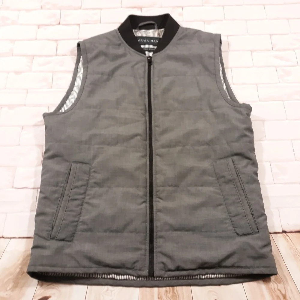 Zara Man Puffer Vest Mens Medium Outdoor Gray Lined Spring Fall Full Zip